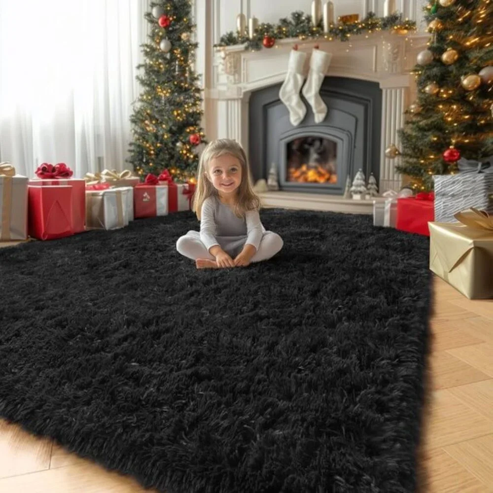 Black Washable Modern Fluffy 4x6ft Shag Area Rug Carpet for Home & Bedroom Decor